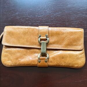 Kooba Tan Leather Clutch with Metal Buckle